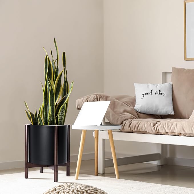 D'vine Dev Plastic Pot with Walnut Wood Stand, Black, 14 in, 55-C-R-2 | Mid-Century Inspired Design, Elevated Plant Display, Clean Lines, Sturdy Support, Modern Space-Saving Style