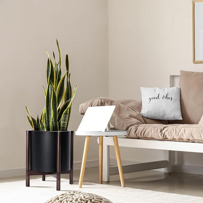D'vine Dev Plastic Pot with Walnut Wood Stand, Black, 14 in, 55-C-R-2 | Mid-Century Inspired Design, Elevated Plant Display, Clean Lines, Sturdy Support, Modern Space-Saving Style