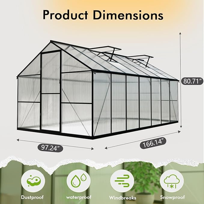 8X14FT Enhanced Aluminum Walk-in Greenhouse for Outdoors with Thermometer | Easy Assembly, UV-Resistant Panel, Rain Gutter, Lockable Sliding Door, Built-in Reinforcement, For Vegetable, Flower and Herb