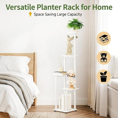LASZOLA 5 Tiered Plant Stand Tall for Indoor Corner, Modern Multiple Flower Display Rack with Wooden Tray, Vertical Planter Shelf for Living Room Bedroom Patio Garden Balcony, White