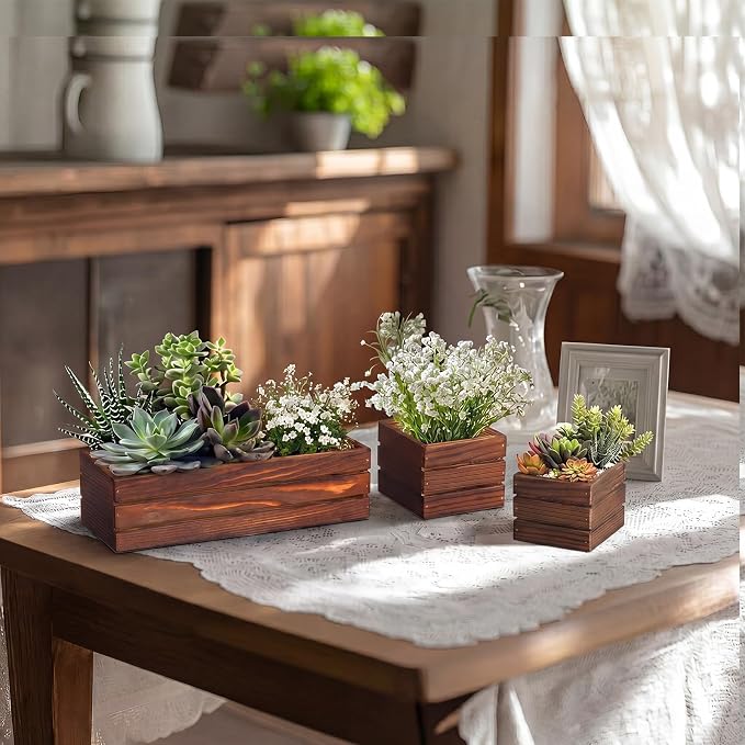 Leinuosen 12 Wooden Planter Boxes Set, 4 Pcs 12 x 4 Inch Rectangle Wood Planter Box 8 Pcs 4 x 4 Inch Wooden Cube Flower Pots Rustic Square Wood Vase for Centerpiece Wedding Decoration (Striped,Brown)