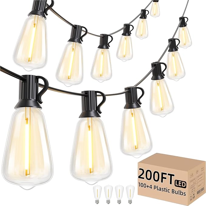 Svater 200 FT Outdoor String Lights, Waterproof Outside Light 104 Bulbs | 2 Pack 100 FT Patio Lighting, Connectable For Bistro Cafe Market Backyard, Shatterproof ST38 Edison LED Bulb, Warm White