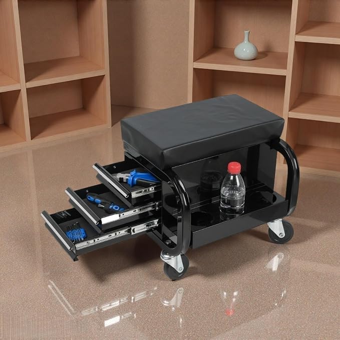 Tool Chest, Rolling Tool Box with 3 Built-in Drawers, 4 360-degree Swivel Casters & Storage Tank, Creeper Garage Cabinets, Work Seat with Builtin Toolbox for Workshop, Warehouse, Black