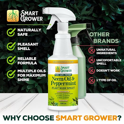 Neem Oil Spray for Plants with Peppermint Oil, Natural Plant Wash Made for Indoor and Outdoor Plants Smart Grower 32oz Easy Ready to Use Spray