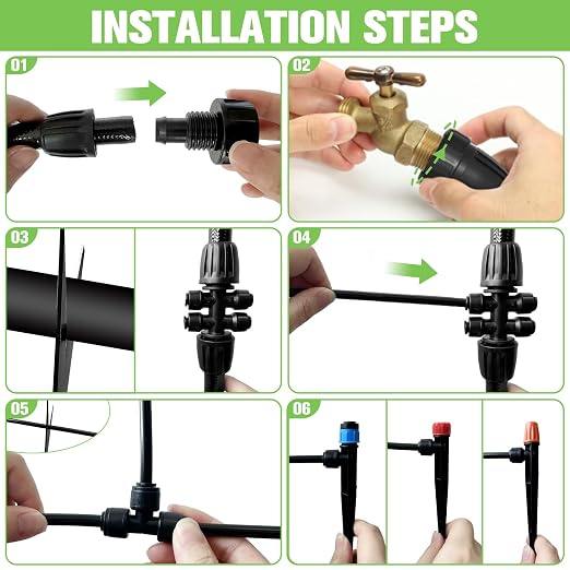 260FT Drip Irrigation System for Garden with 40 Nozzles & Emitters, Garden Watering System with 1/2" & 1/4" Tube and Barbed Fittings - Adjustable Sprinklers Kit for Greenhouse,Lawn,Pond De-Icer