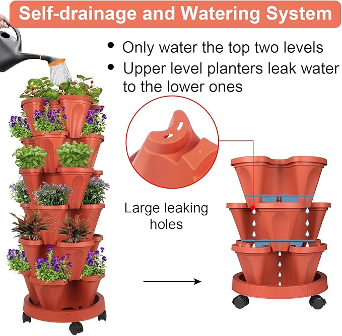 GameXcel Vertical Planter Tower - 6 Tier Stackable Garden Planters with Wheels and Tools Plant Pots for Strawberry Herb Flower and Vegetable Indoor Outdoor Use Red