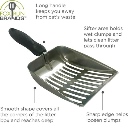 Fox Run Stainless Steel Cat Litter Scooper, 10" Litter Box Scooper with Long Handle