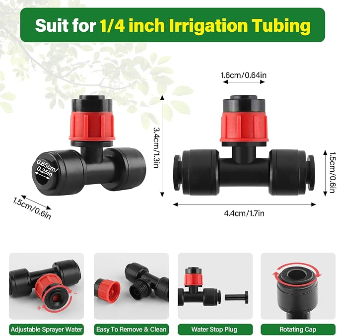 Kalolary 30Pcs Push-to-Fit Drip Irrigation Emitters for 1/4" Tubing, Adjustable 360 Degree Vortex Drip Emitters Irrigation Dripper Sprinklers with 6PCS End Plugs for Garden Irrigation System(Red)