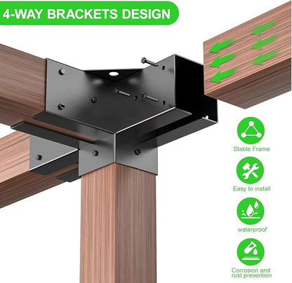 4x4 Pergola Brackets Kit, 3.6 in, 2 4-Way Corners, 2 Post Bases | Q235 Steel with Black Coating, 20 Hex Screws and Drill Bit Included for Gazebos, Patios and Outdoor Kitchens