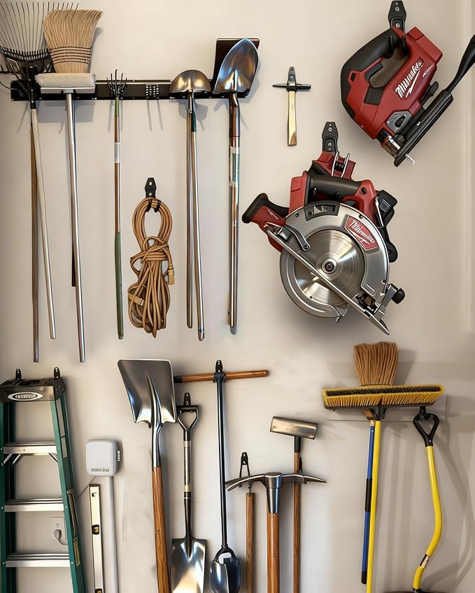 PIYILO Garden Tool Organizer 48 in with 18 Garage Hooks, Heavy Duty Garage Wall Hooks for Hanging Ladder, Bike, Tool Storage Rack for Yard Tools, Shovel, Shed (23 Pack)