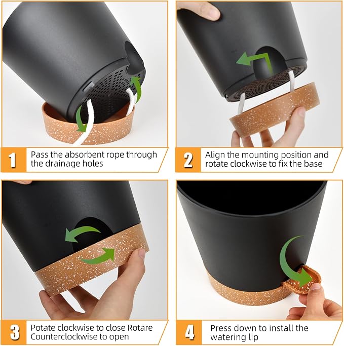 Vanslogreen Planters for Indoor Plants 7/6.5/6/5.5/5 Inch, Self Watering Flower Pots with Drainage Holes and Saucers 5 Pack Plastic Pots for Plants, Succulents, Herbs, Cactus, Flower, Black