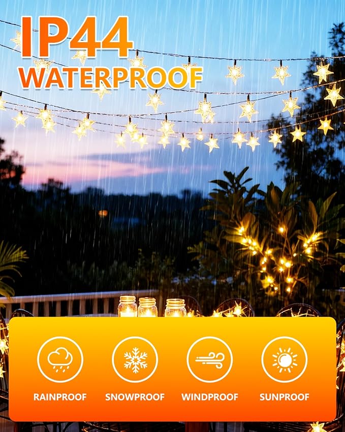 Twinkle Star 2 Pack 100 LED Star String Lights, Warm White | Plug In, Waterproof, Indoor Outdoor Use, Bedroom Wedding Party Ramadan Christmas Decor