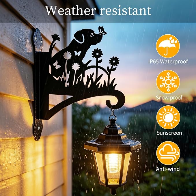 VOOKRY Solar Wall Lanterns Outdoor, Waterproof 2 Pack Hanging Lights with Dog Hooks, Wall Mount Sconce with 3 Solar Panels for Patio Porch Yard Garden Decor, Dusk to Dawn 2700K Warm White