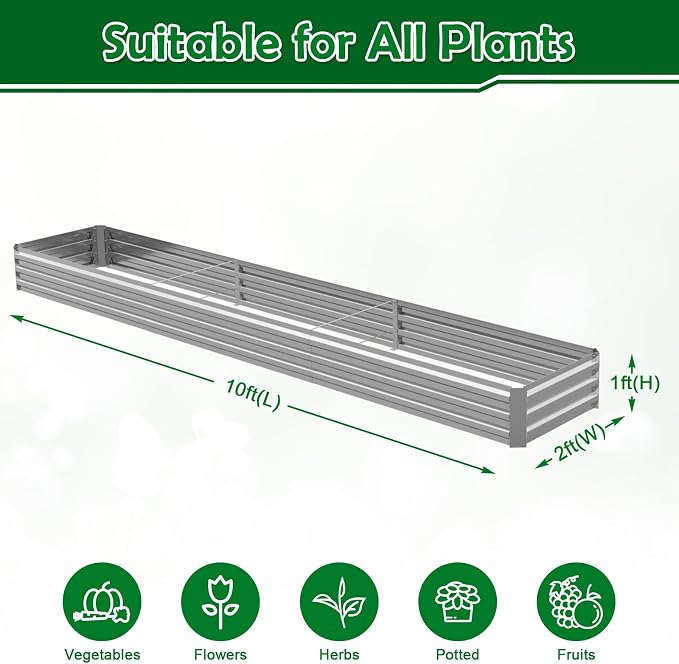 10x2x1FT Galvanized Raised Garden Bed, Metal Planter,Silver,1 Pack | Thick Galvanized Steel, Easy Assembly,Outdoor Patio,Open Bottom,Smooth Surface,Planter Kit for Vegetables, Herbs, Flowers