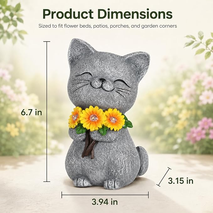Solar Garden Statues Cat with Daisy and LED Lights Birthday Gifts for Women Mom Grandma Solar Outdoor Cat Decor for Outside,Outdoor Solar Lights for Yard, Garden and Patio, Unique Gift for Women