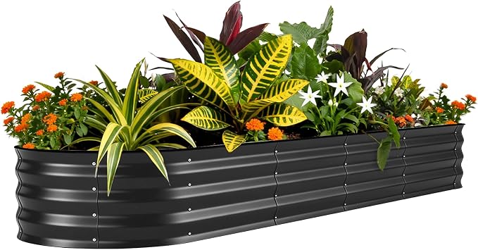 GarveeTech Oval Raised Garden Bed 8x4x1 ft - 0.6mm Thick Metal Raised Bed, Rust & Corrosion Resistant, Open Bottom for Drainage, Anti-Cut Strip Included, for Vegetables Flowers Planting, Black