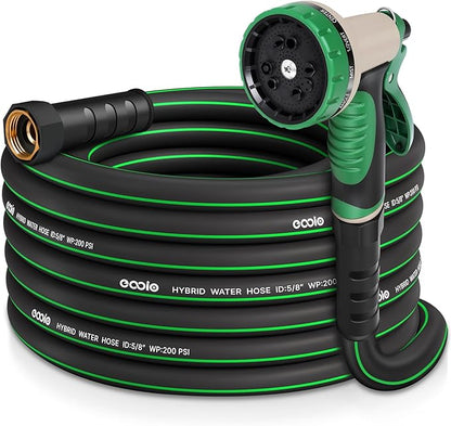 Garden Hose 25 ft x 5/8" with Nozzle, Water Hose Heavy Duty Flexible, Lightweight Kink-less Hybrid Hose with Swivel Handle, Male to Female Fittings