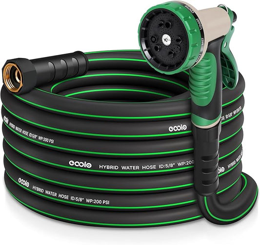 Garden Hose 25 ft x 5/8" with Nozzle, Water Hose Heavy Duty Flexible, Lightweight Kink-less Hybrid Hose with Swivel Handle, Male to Female Fittings