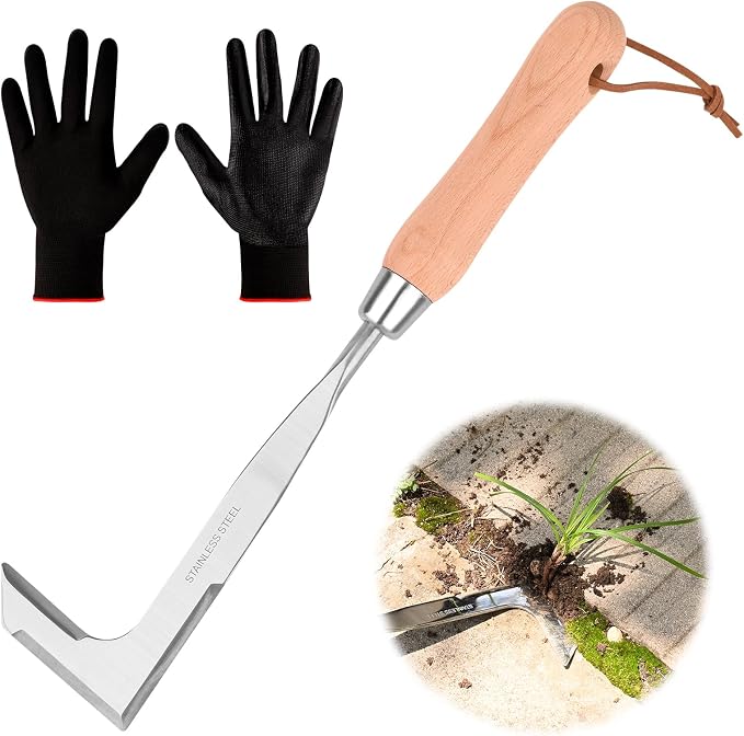 BokingOne 3-Sided Crevice Weeder - 12.6" Stainless Steel Garden Weeding Tool with Beech Handle, L-Shaped Crevice Weeder Sickle for Garden Lawn, Yard Patio Terrace, Paving Gaps