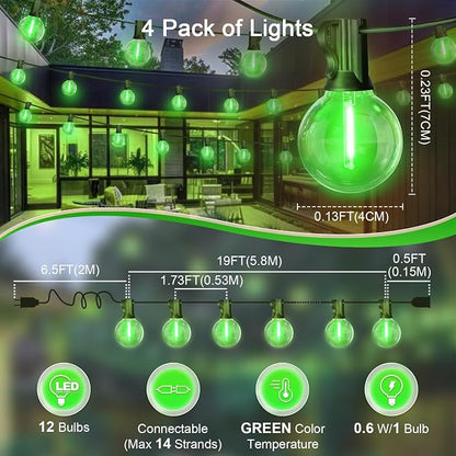 LAMPHOME 4Pack Green St. Patrick's Day LED Outdoor String Lights, 26Ft Patio Lights with 12+1 Edison Shatterproof Bulbs(1 Spare), Irish Theme Connectable Lights for Backyard Porch Party Outside Decor