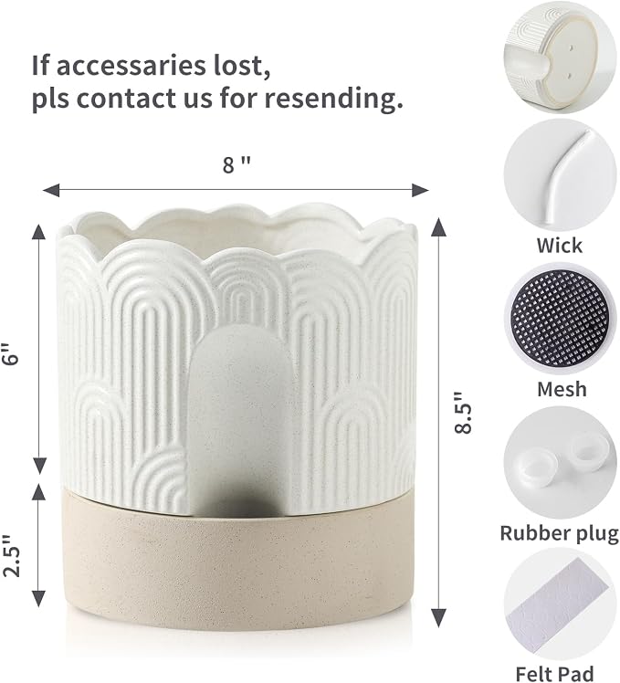 Nihow Ceramic Self Watering Pots for Indoor Plants, 8 Inch,Beige | Visible Water Level Fill Port,Planter with Cotton Wick,Water Storage Plus, Cylinder Round Flower Pot, Succulent/Herbs/Violets