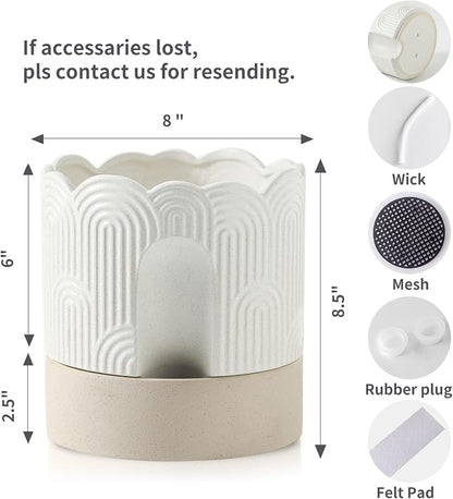 Nihow Ceramic Self Watering Pots for Indoor Plants, 8 Inch,Beige | Visible Water Level Fill Port,Planter with Cotton Wick,Water Storage Plus, Cylinder Round Flower Pot, Succulent/Herbs/Violets