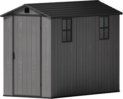 Greesum 4x8FT Plastic Storage Shed with Floor, Resin Outdoor Storaged Sheds with Lockable Door, All Weather Durable Tool Shed with Window and Vent for Yard, Patio, Garden, Dark Gray