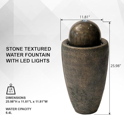 XBrand 25.98" Modern Sphere Water Fountain with LED Light – Indoor Outdoor Stone Texture Floor Fountain, Zen Bubbling Ball Water Feature for Garden Patio Porch - Bronze