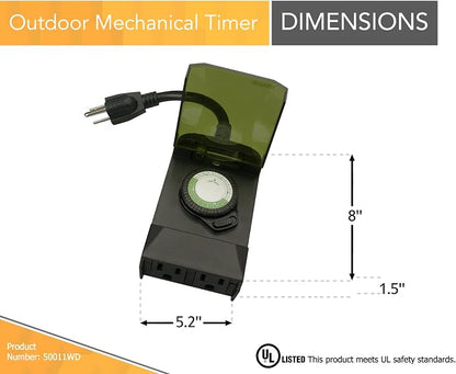 Southwire Woods Outdoor 24-Hour Plug-In Mechanical Timer - Energy-Saving Convenience - Dual Grounded Outlets - Programmable Daily Settings - Weatherproof Design - 6-Inch Cord - Black