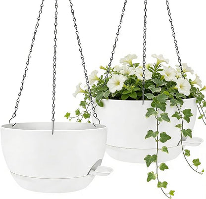 12" Self Watering Hanging Planters with Chains, White, 2 Pack | 43 Oz removable self-watering reservoir, for indoor/outdoor plants, patio & garden