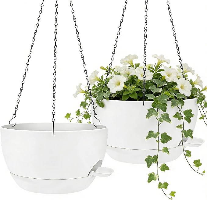 2 Pack 10 Inch Self Watering Hanging Planters for Indoor Plants, Large White Plastic Hanging Pots with Chains for Outdoor Patio Garden Home Decor (White)