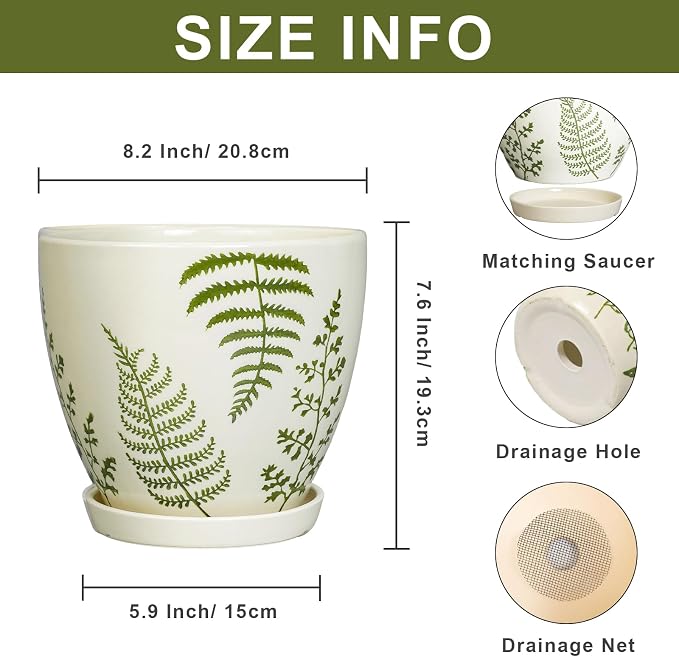 MPotTo Ceramic Plant Pot, 8.2 Inch, White | Boho Round Decorative, Indoor & Outdoor, Drainage Hole & Saucer, Housewarming Gift, Office Home Garden Decor