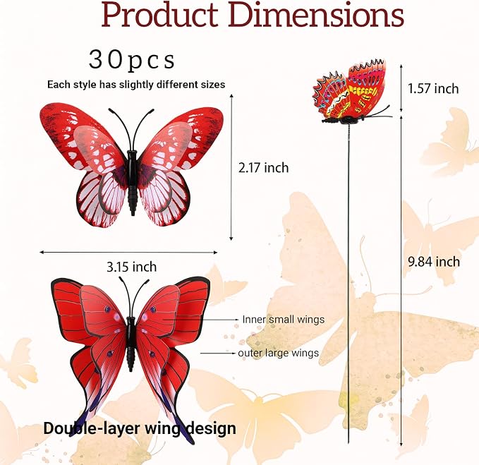 30PCS Red Butterfly Decor Artificial Butterflies for Outdoor Garden Decor | 3D Waterproof Double Layer Butterfly Decorative Garden Stakes for Flower Arrangements Outdoor Indoor Spring Decor