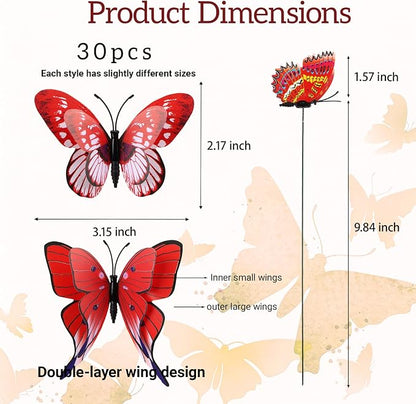 30PCS Red Butterfly Decor Artificial Butterflies for Outdoor Garden Decor | 3D Waterproof Double Layer Butterfly Decorative Garden Stakes for Flower Arrangements Outdoor Indoor Spring Decor