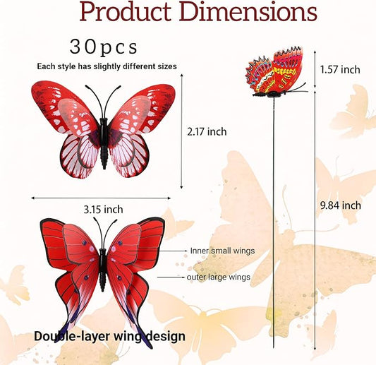 30PCS Red Butterfly Decor Artificial Butterflies for Outdoor Garden Decor | 3D Waterproof Double Layer Butterfly Decorative Garden Stakes for Flower Arrangements Outdoor Indoor Spring Decor