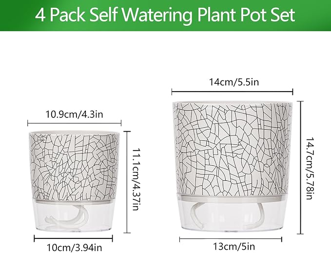 4 Pack Self Watering Pots for Indoor Plants, 4" + 5.5" Flower Pots with Wick Rope and Reservoir, Plant Pots for African Violet, Spider Plant, Orchid
