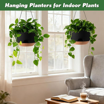 4-Piece Set of 8-Inch Hanging Planters with Automatic Watering System and Drip Tray, Includes Metal Chain, Suitable for Various Indoor and Outdoor Plants and Flowers, Black-Brown