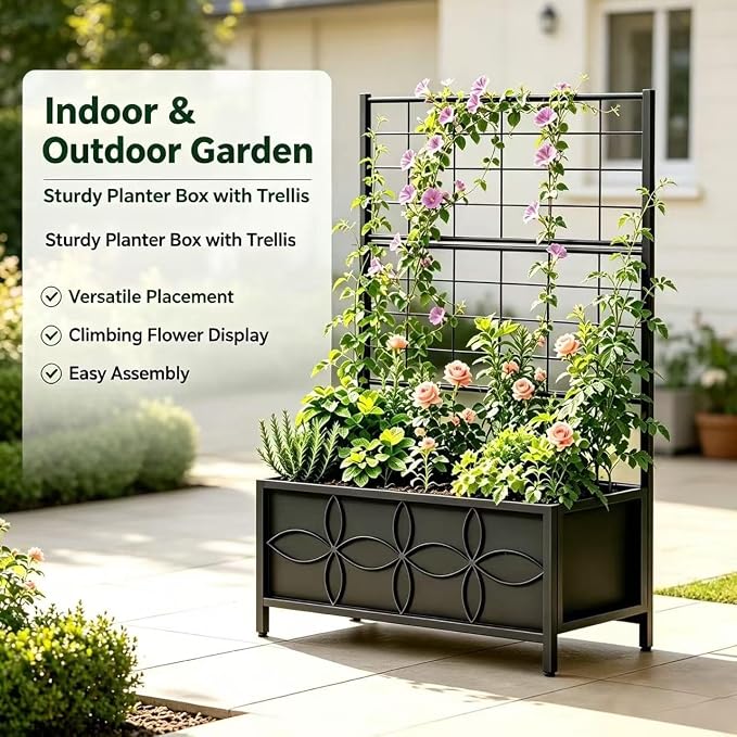 Zhongma Sturdy Raised Garden Bed with Trellis (15.75 x 35.43 x 48.8 in) for Vegetables Flower, Planter Box for Backyard Patio Balcony