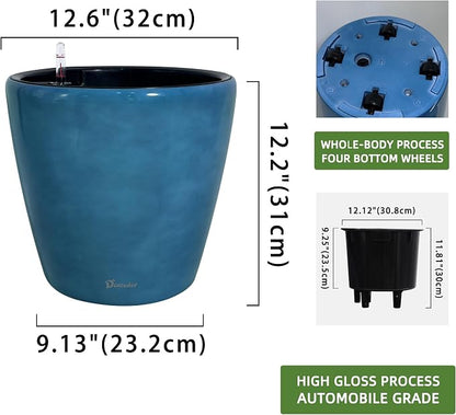 Dexceder 13x12 Self Watering Planter with Wheels (Peacock Blue Gradient) | Inner Pot Design, Thickened Large Floor Standing Flower Plant Pot with Water Level Indicator Indoor Outdoor