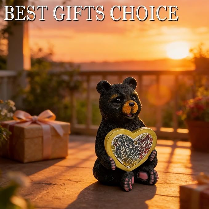 Solar Turtle Garden Statue Lights for Outdoor Decor with Cracked Glass LED Figurine Lighting Resin Succulent Tortoise Decorations Patio Lawn Yard Housewarming Mom Gifts (Black Bear)