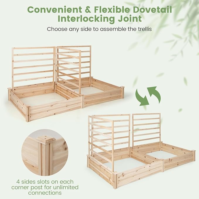 COSTWAY Raised Garden Bed with 2 Planter Boxes & 3 Trellises, Outdoor Wooden Planter Kit for Flowers, Herbs, Vegetables, Fruits & Climbing Vines, Elevated Garden Planter for Patio, 88"L x 45"W x 43"H