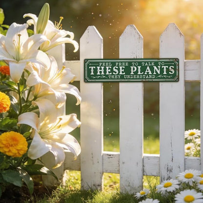 Funny Garden Metal Tin Sign, Rustic Farmhouse Decor, Feel Free to Talk to These Plants, Garden Wall Art for Yard Fence Door Porch, Indoor Outdoor Gardening Decoration, 15.7 x 3.9 Inches