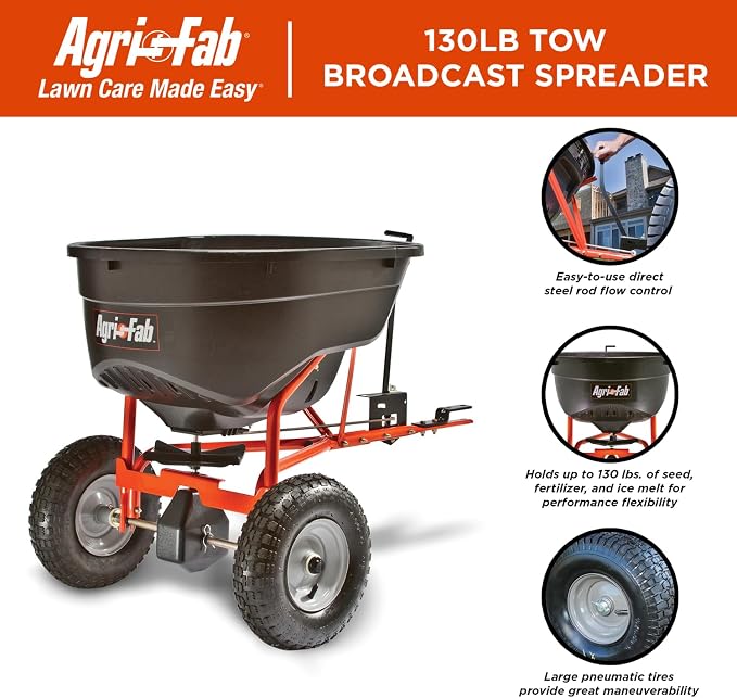 Agri-Fab Pull Behind Broadcast Spreader for Seed, Fertilizer, Salt and Ice Melt, 130 lb Hopper Capacity with Universal Hitch and 12 Ft Spread Width