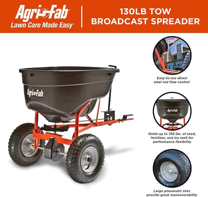 Agri-Fab Pull Behind Broadcast Spreader for Seed, Fertilizer, Salt and Ice Melt, 130 lb Hopper Capacity with Universal Hitch and 12 Ft Spread Width