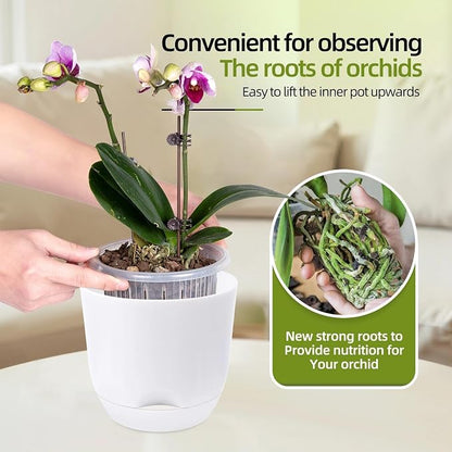 7.2Inch White Orchid Pots with Holes for Repotting, Double-Layer Plastic Self Watering Flower Pots for Indoor Plants with Drainage Holes, Clear Orchid Pot Match Decorative Orchid Container, 1Pack