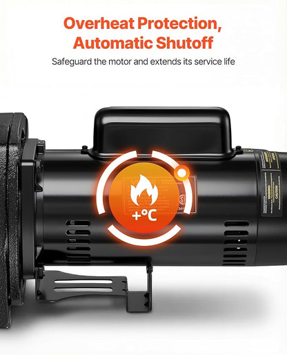 VEVOR 2 HP Shallow Well Jet Pump, 230 Volt, 5200 GPH Cast Iron Well Jet Pump, with 112 ft Max Head Lift, Check Valve, Thermal Protection, Automatic On/Off, for Garden Irrigation Lawn Sprinkler System