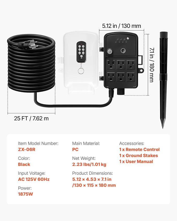 VEVOR Outdoor Power Stake Timer, 25FT Extension Cord, Remote Control Outdoor Power Strip with Cover, Dusk to Dawn Light Timer Waterproof, 6 Outlets for Halloween Christmas Lights, Garden Decorations