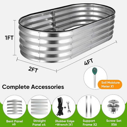 Galvanized Raised Garden Bed 4x2x1ft, Rust-Resistant Metal Oval Planter Box Outdoor, Easy Assembly Planting Bed Kit for Vegetables, Fruits, Herbs - Silver