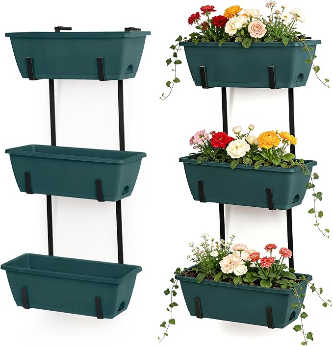 Window Boxes Planters with Adjustable Brackets Set of 2 Outdoor Fence Planters, Over the Deck Railing Planter Box with 6 Pack Hanging Plastic Flower Pots, Drainage Holes for Balcony, Patio, Green