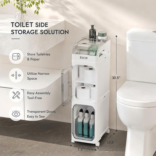 BINSIO 3-Tier Slim Bathroom Storage Cabinet for Toilet Side, Toilet Paper Storage Organizer, Narrow Rolling Bathroom Storage Cabinet with Transparent Doors for Small Space, Foldable Easy Assembly